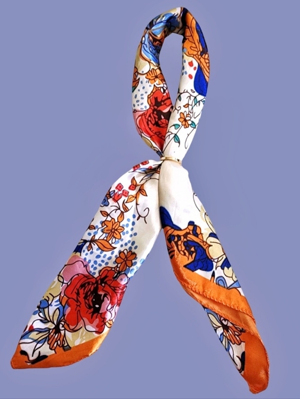 Floral Print Silk-Touch Neck Scarf Twilly In Orange & White